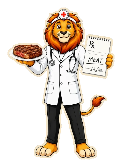 Dr. Lion in a doctor's coat prescribing meat — holding a steak on a plate and a prescription pad reading MEAT