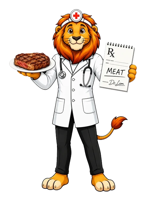 Dr. Lion in a doctor's coat prescribing meat — holding a steak on a plate and a prescription pad reading MEAT